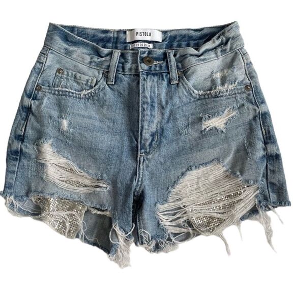 Pistola denim shorts with silver sequin pockets - size 24 - Picture 1 of 8
